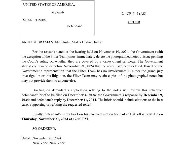 USA vs Sean 'Diddy' Combs, Case 24-CR-542 SDNY, 11/20/2024. Court Order, Judge Arun Subramanian.