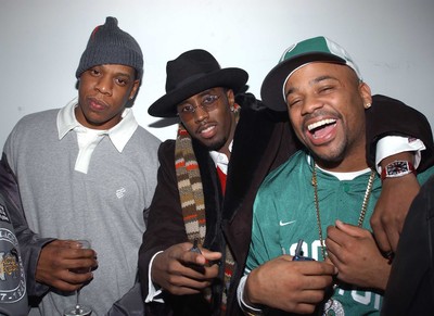 Jay-Z, Sean 'Diddy' Combs, Damon Dash at the Reebok Clothing Launch, at Eyebeam, NYC, 1/18/2002. (Patrick McMullen)