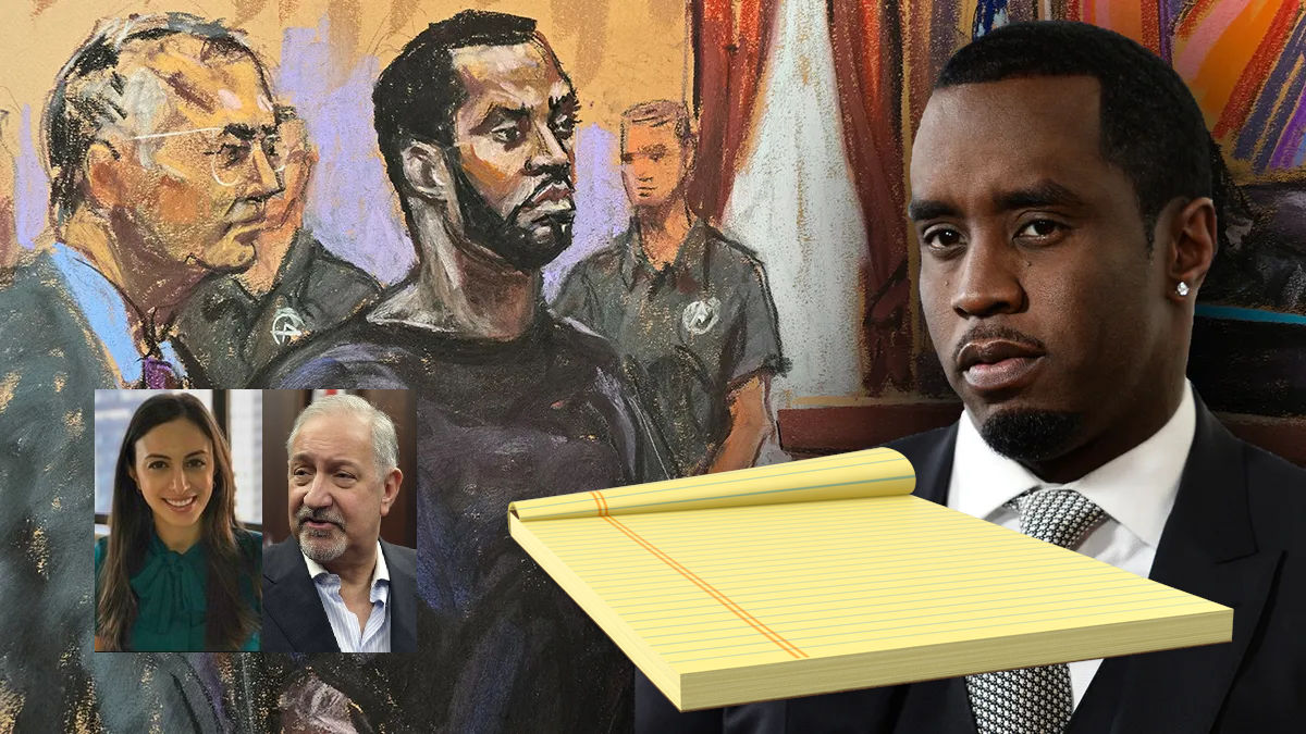 Sean 'Diddy' Combs and his attorney Marc Agnifilo, court sketch. Inset: Teny Geragos and Mark Geragos.